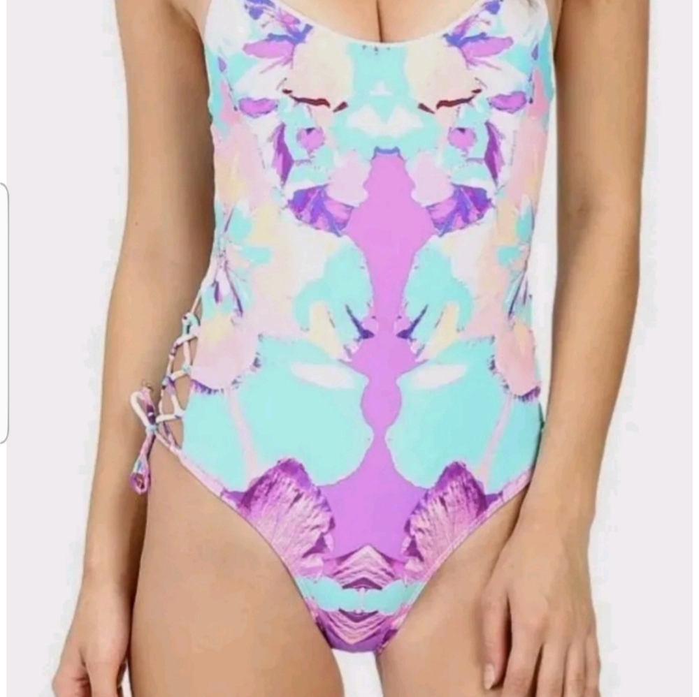 NWT 6 Shore Road by Pooja Multicolor Sexy Lace Up Sides One Piece Swimsuit XS